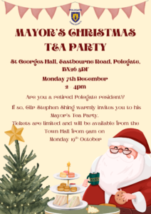 Mayor's Christas Tea Party St Georges Hall, Eastbourne Road, Polegate, BN26 5DF Monday 7th December 2-4pm are you a retired Polegate resident? fi so, Cllr Stephen shing warmly invites you to his mayor's tea party. tickets are limited and will be available from the town hall from 9am on Monday 19th October