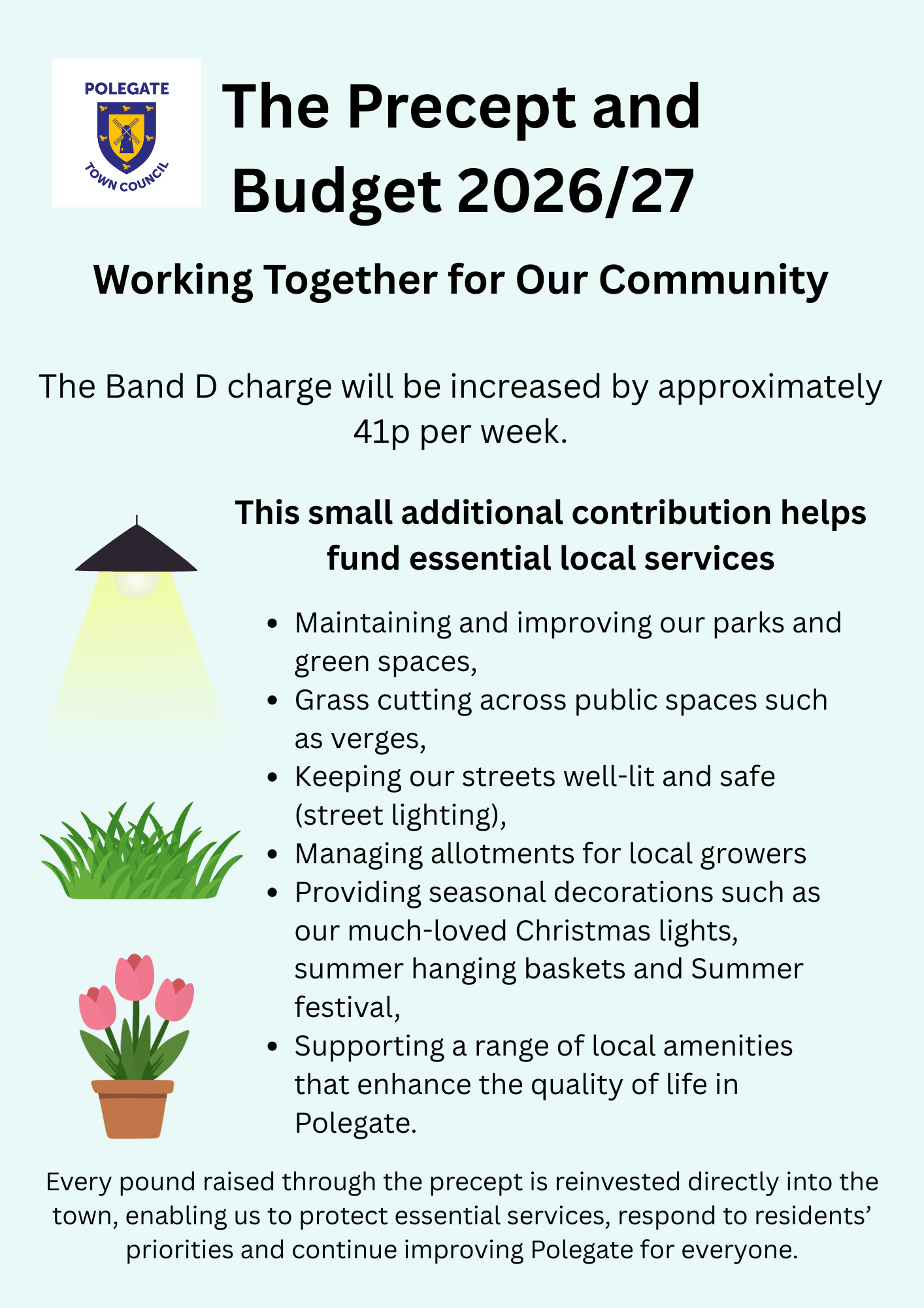 The Precept and Budget 2026/27 Working Together for Our Community The Band D charge will be increased by approximately 41p per week. This small additional contribution helps fund essential local services Maintaining and improving our parks and green spaces, Grass cutting across public spaces such as verges, Keeping our streets well-lit and safe (street lighting), Managing allotments for local growers Providing seasonal decorations such as our much-loved Christmas lights, summer hanging baskets and Summer festival, Supporting a range of local amenities that enhance the quality of life in Polegate. Every pound raised through the precept is reinvested directly into the town, enabling us to protect essential services, respond to residents' priorities and continue improving Polegate for everyone.
