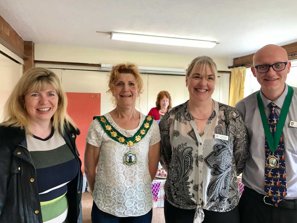 Mayor angela snell and deputy mayor dan dunbar with maria caulfield mp at a macmillan coffee morning