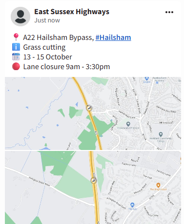 Image of a map showing the location of the roadworks East Sussex Highways A22 Hailsham Bypass, Hailsham Grass Cutting 13th-15th October Lane Closure 9am-3:30pm