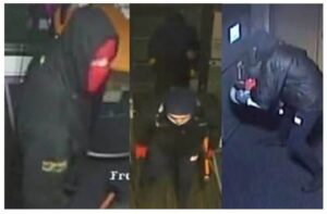 three suspects in a bank atm robbery pictured from cctv