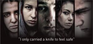 photo of 5 young people with the words 'I only carried a knife to feel safe' across the picture